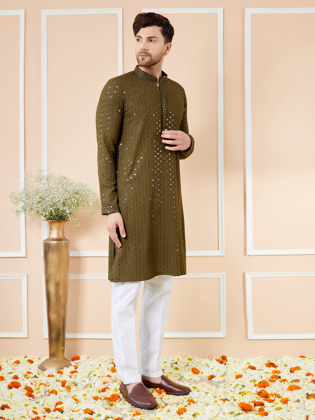 Olive Sequins Embroidered Rayon Kurta with Pyjama