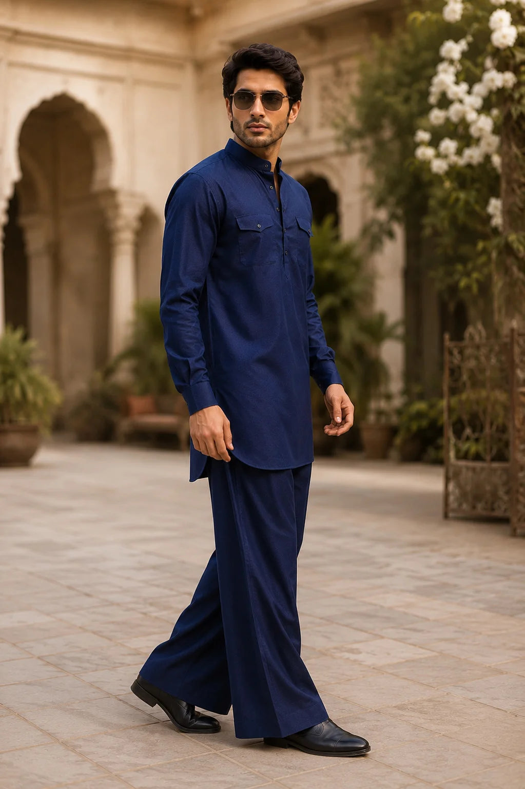 Men's Blue Rayon Solid Pathani Set