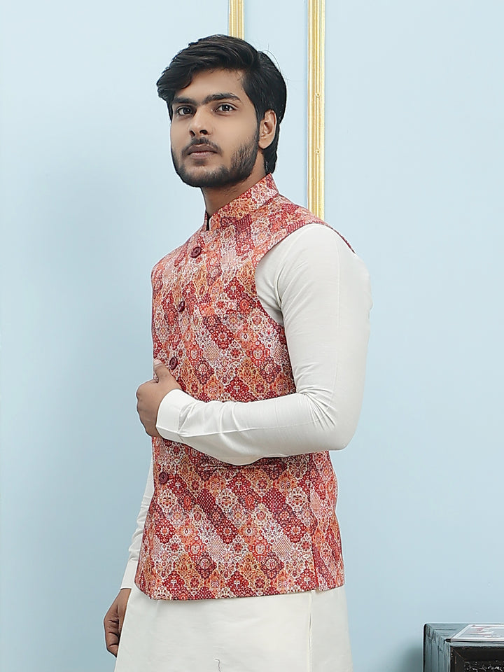 Pure Silk Straight Kurta & Pyjama Set with Printed Cotton Nehru Jacket