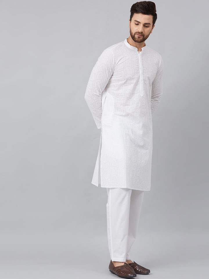 Men White Chikankari Embroidered Woven Design Straight Kurta