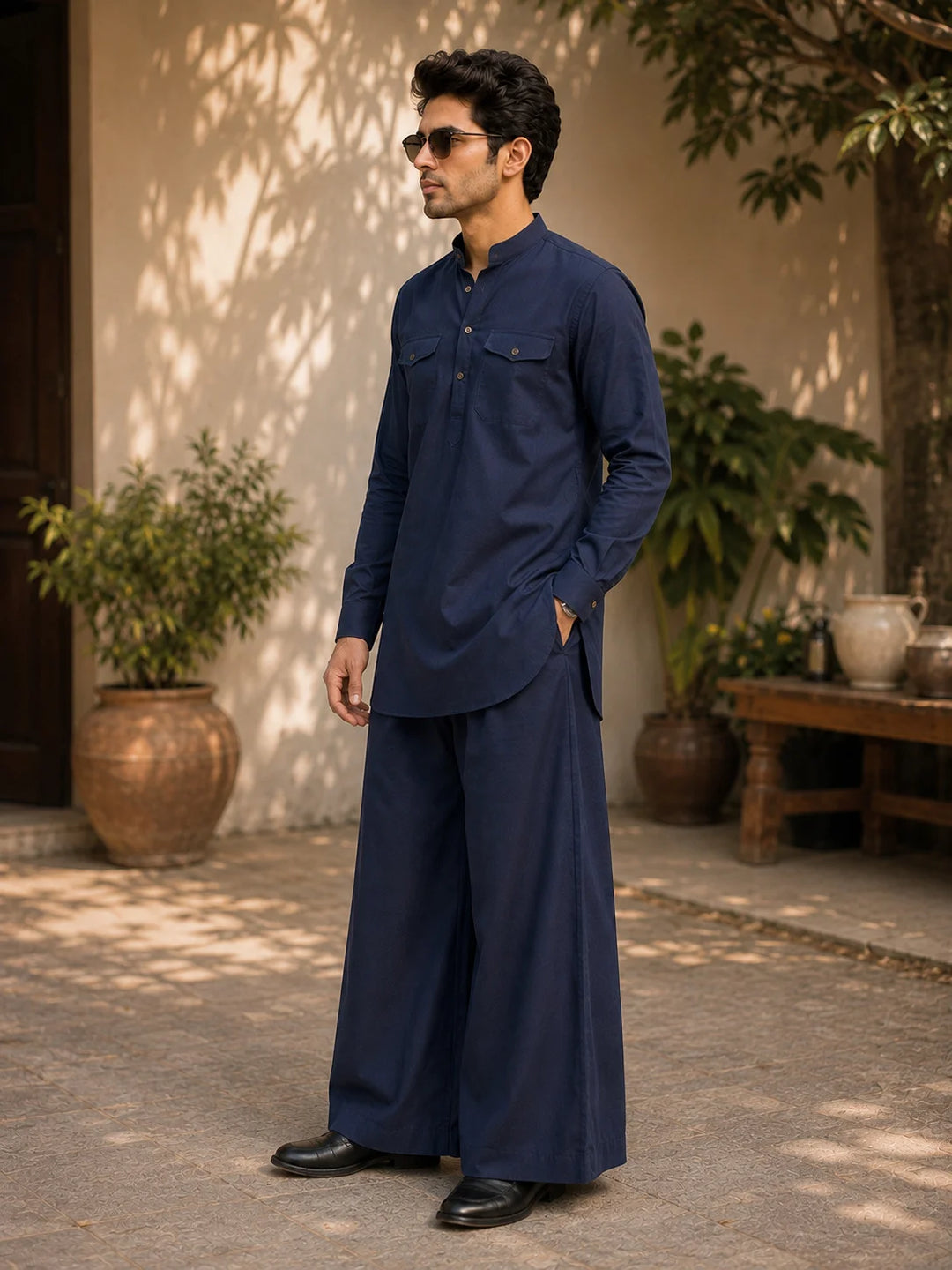 Men's Navy Blue Rayon Solid Pathani Set