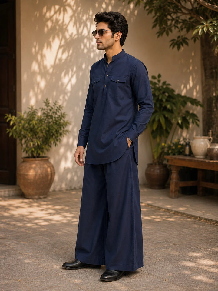 Men's Navy Blue Rayon Solid Pathani Set