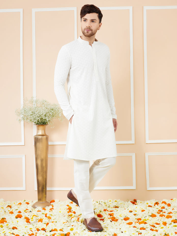 White Sequins Embroidered Rayon Kurta with Pyjama