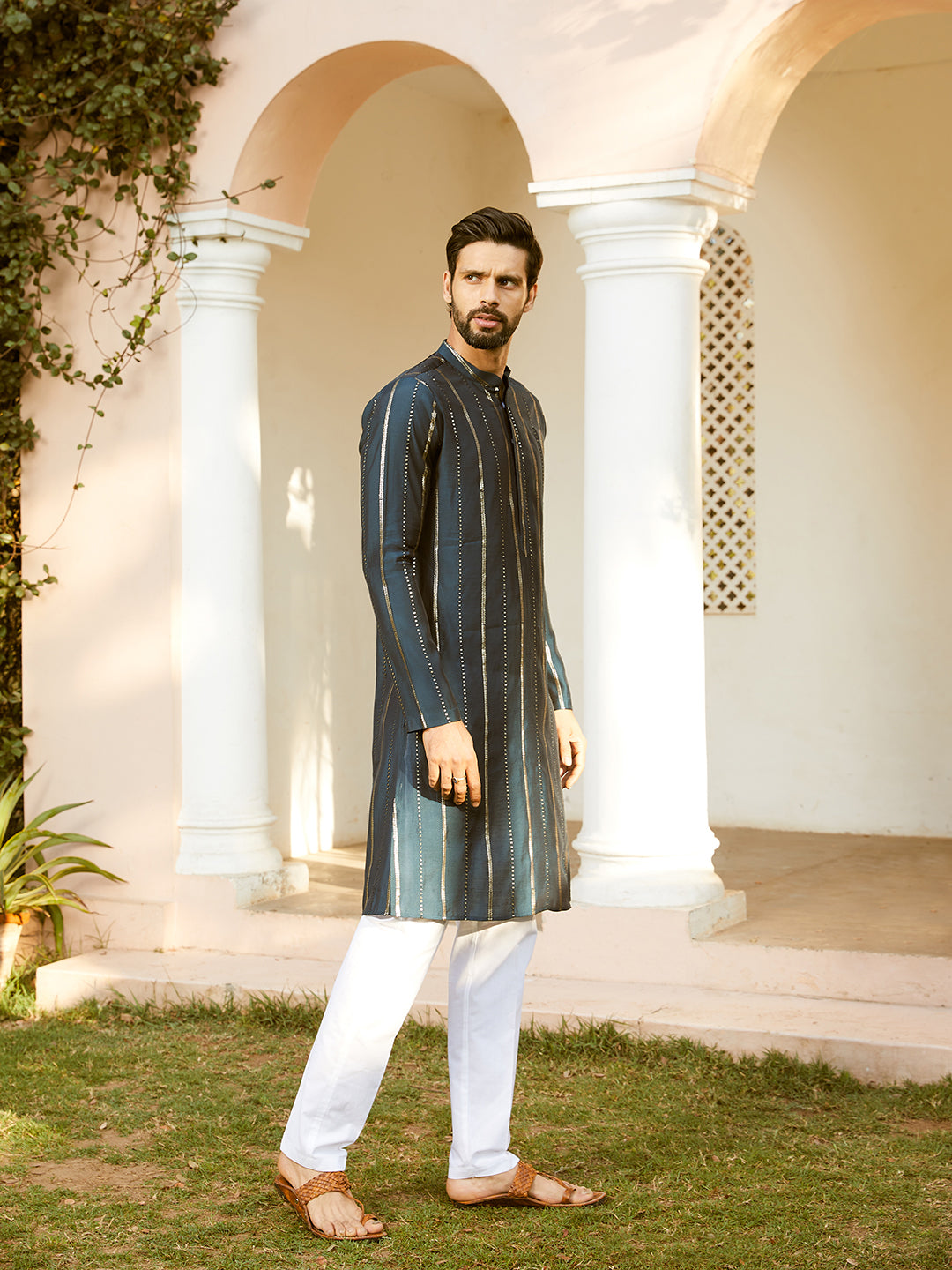 Sequins Embroidered Pure Chanderi Silk Straight Kurta with Pyjama