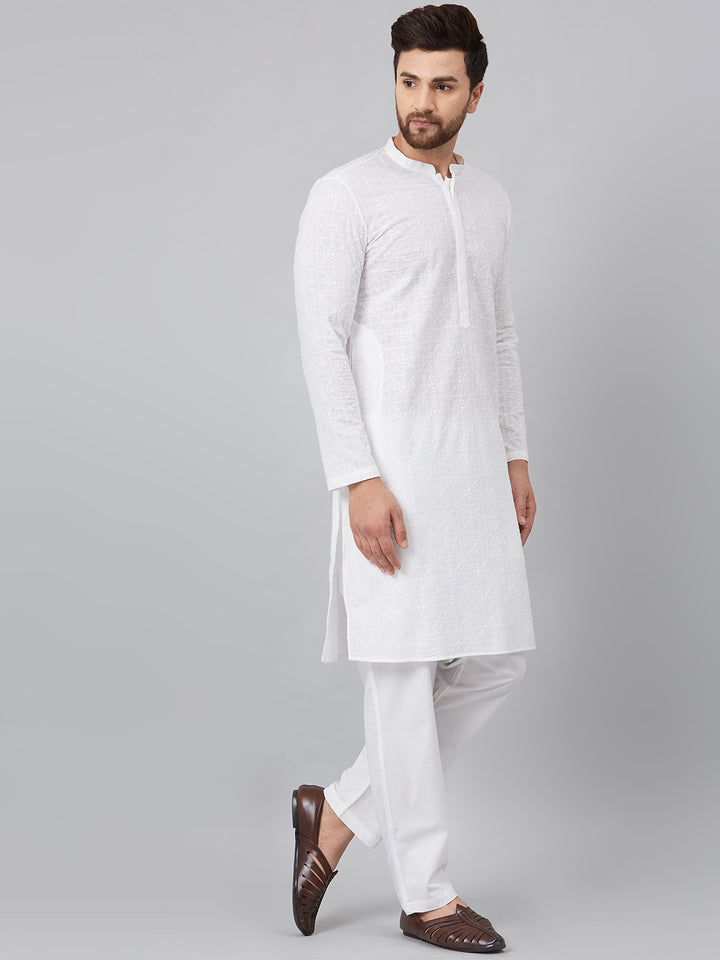 White Green Chikankari Embroidered Woven Design Straight Kurta With Pyjama