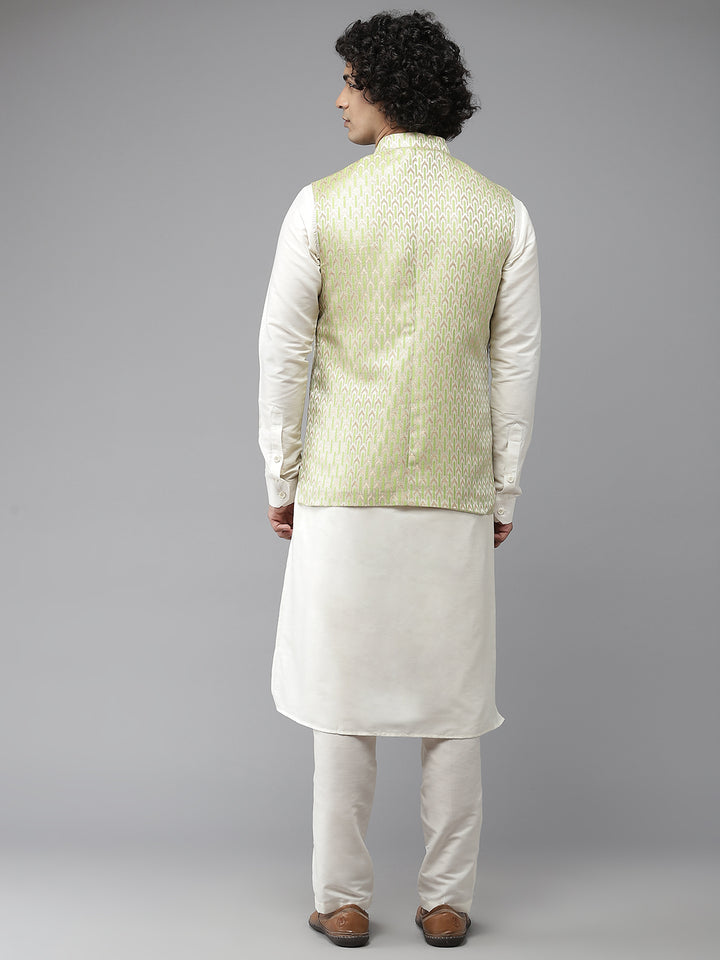 Men Green & White Woven Jacquard Nehru jacket