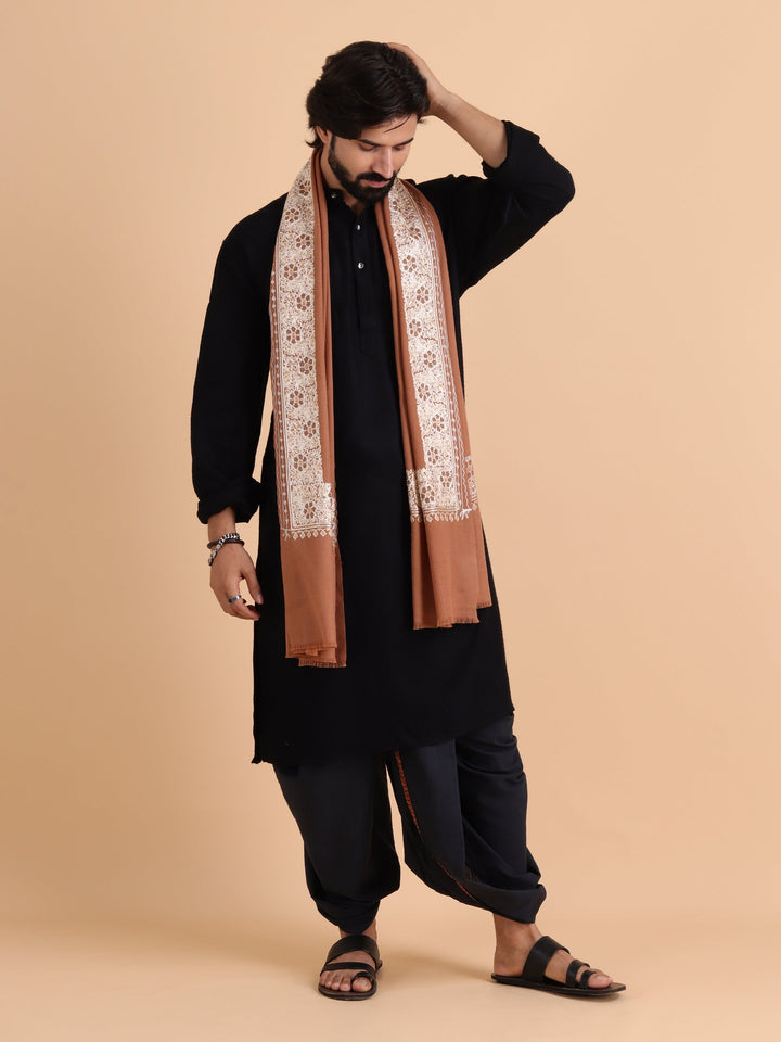 Tweedle Fine Wool Aari Embroidery Stole / Scarf for Men, Border Design with Stone Work - Beige