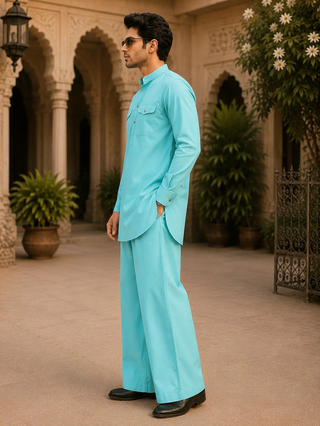 Men's Light Blue Rayon Solid Pathani Set