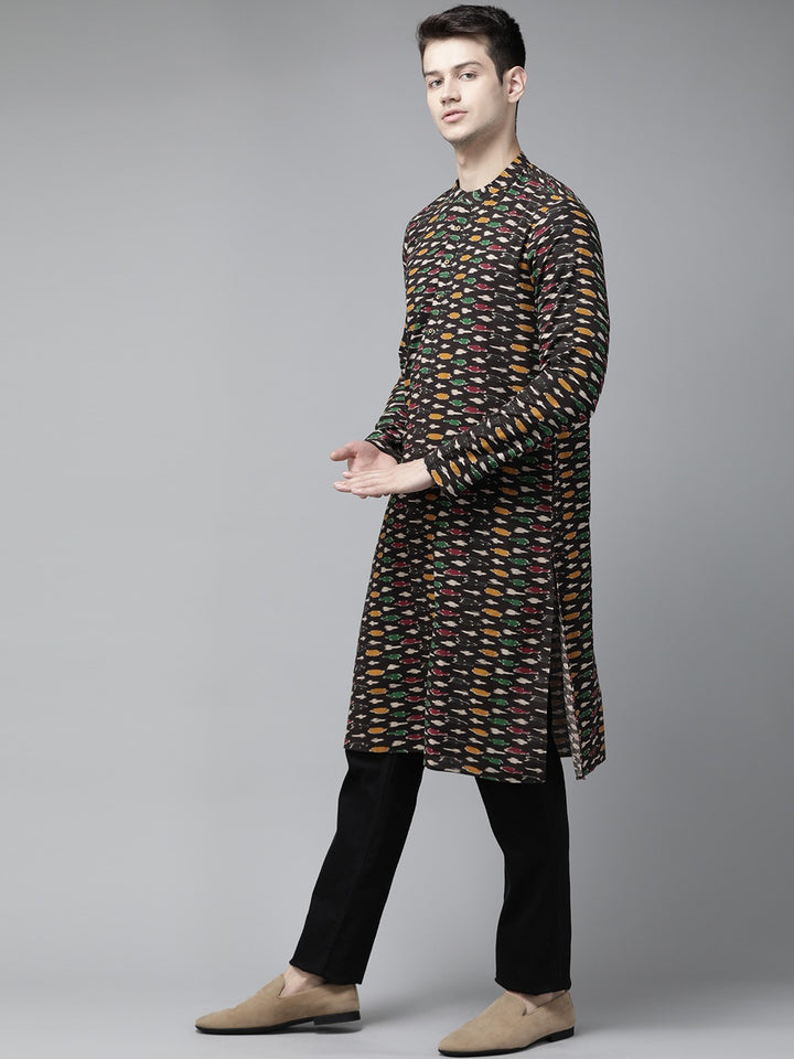 Men Black And Gold Kalamkari Block Printed Straight Sustainable Kurta