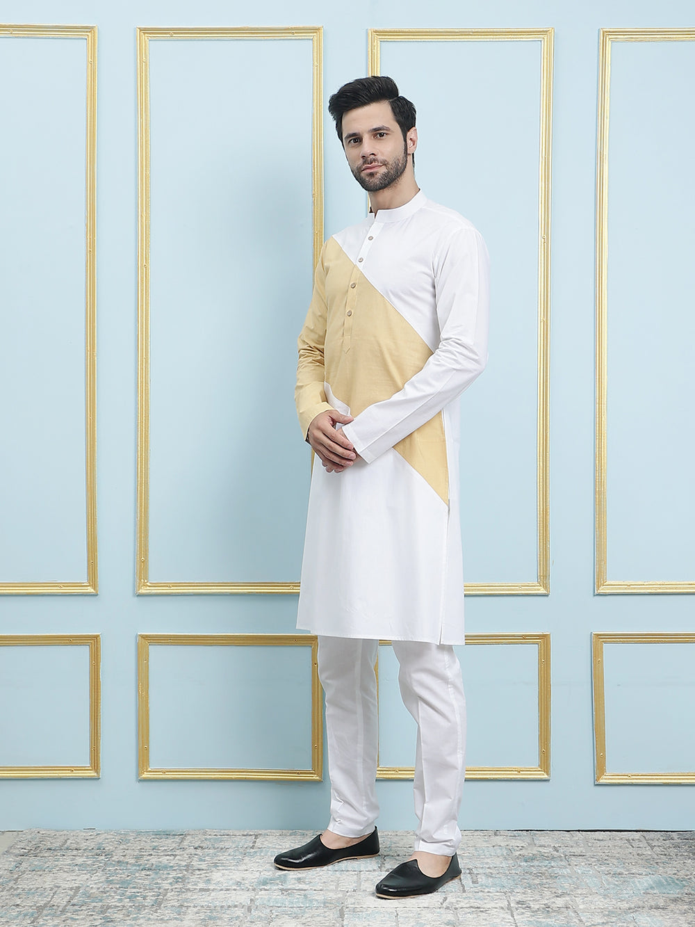 Solid Pure Cotton Straight Kurta with Princess Panel and Pyjama – White