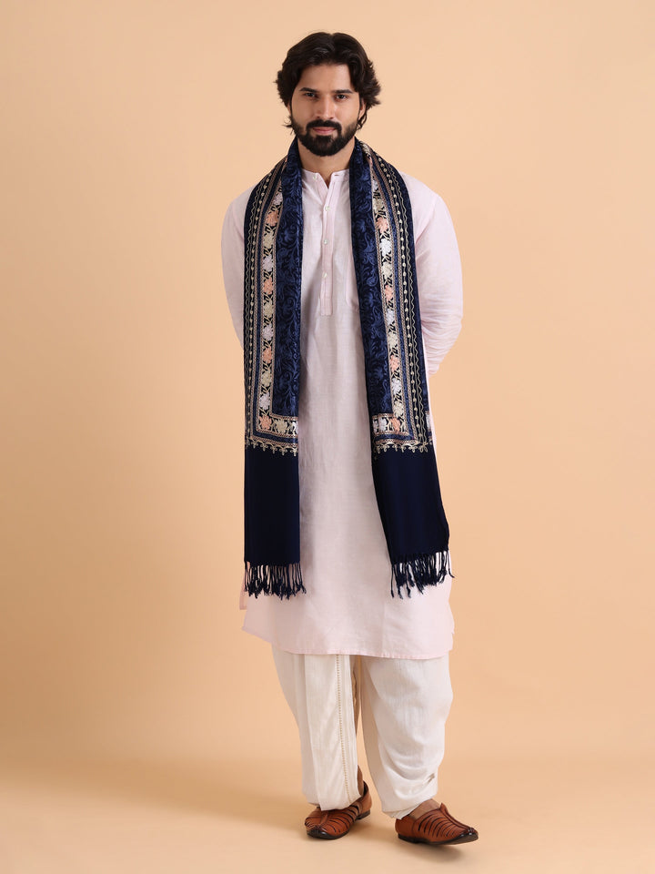 Tweedle Men's Acro Wool Kashmiri Embroidery Stole, Navy Blue, Size - 28 x 80 inches