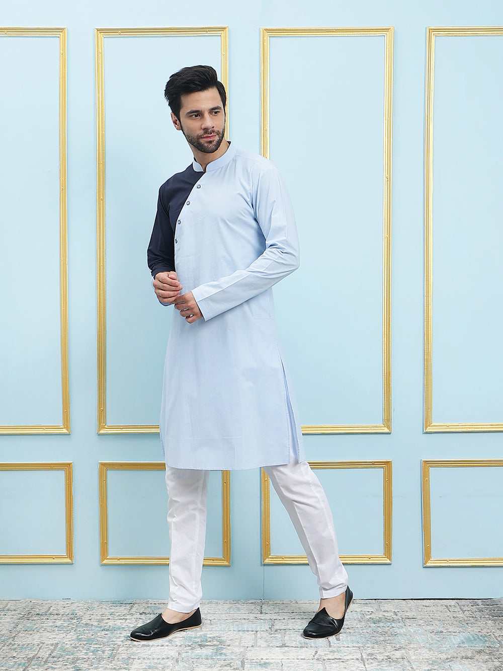 Solid Pure Cotton Straight Kurta with Princess Panel and Pyjama – Blue