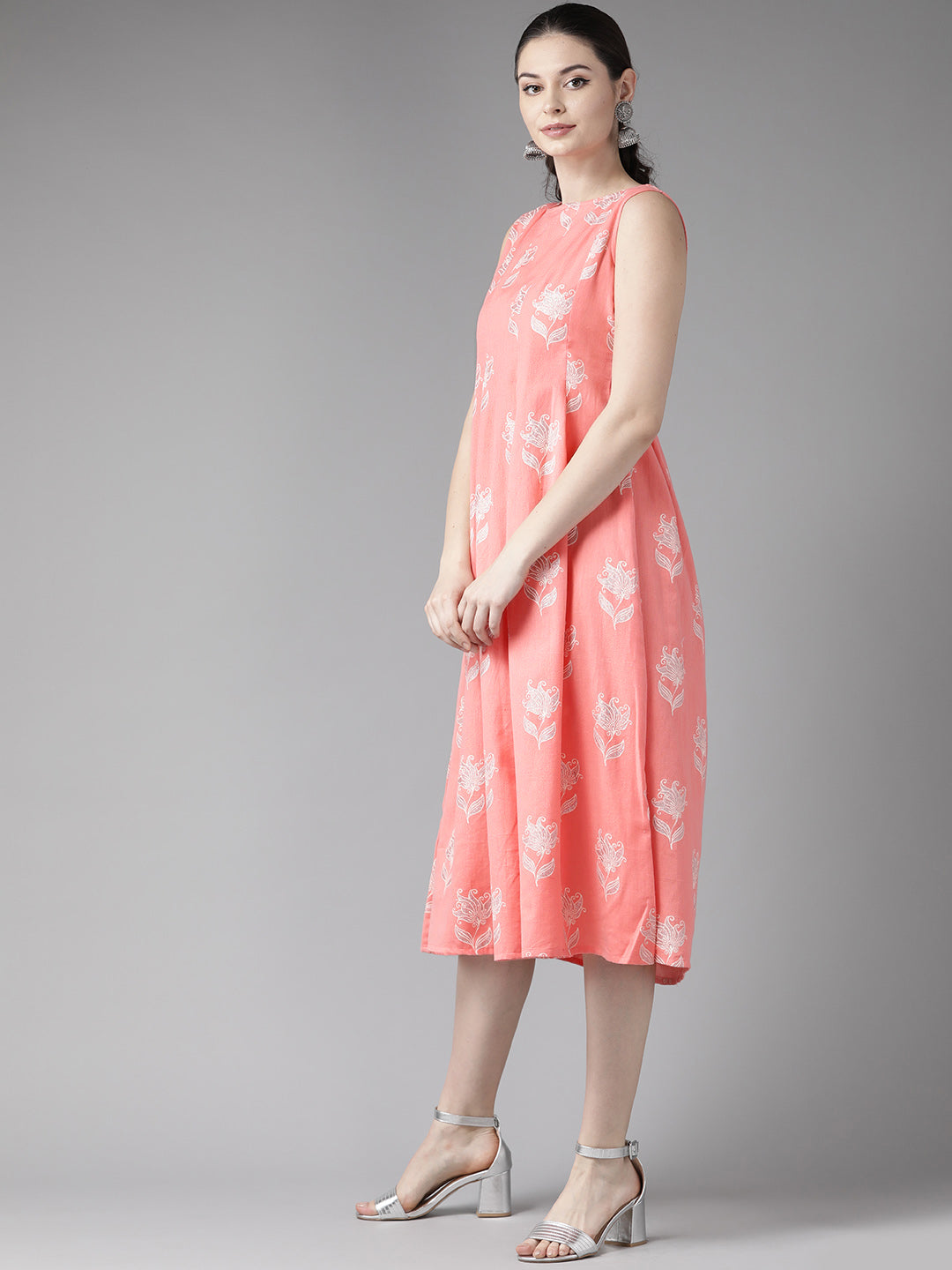 Peach Khari Floral Printed Box Pleated A-Line Dress