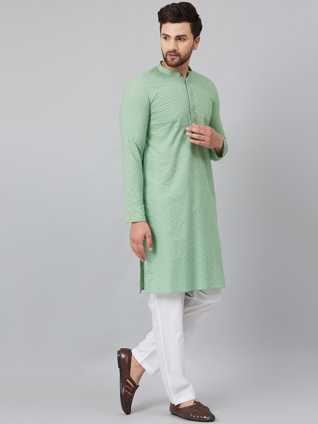 Men Green Chikankari Embroidered Woven Design Straight Kurta