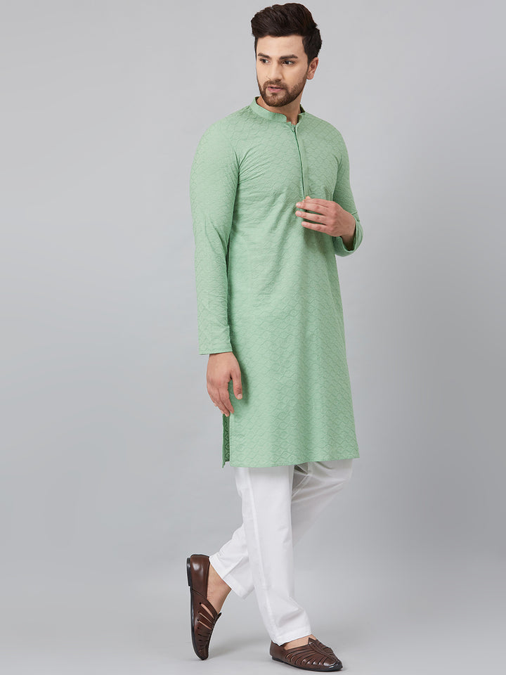 Men Green Chikankari Embroidered Woven Design Straight Kurta