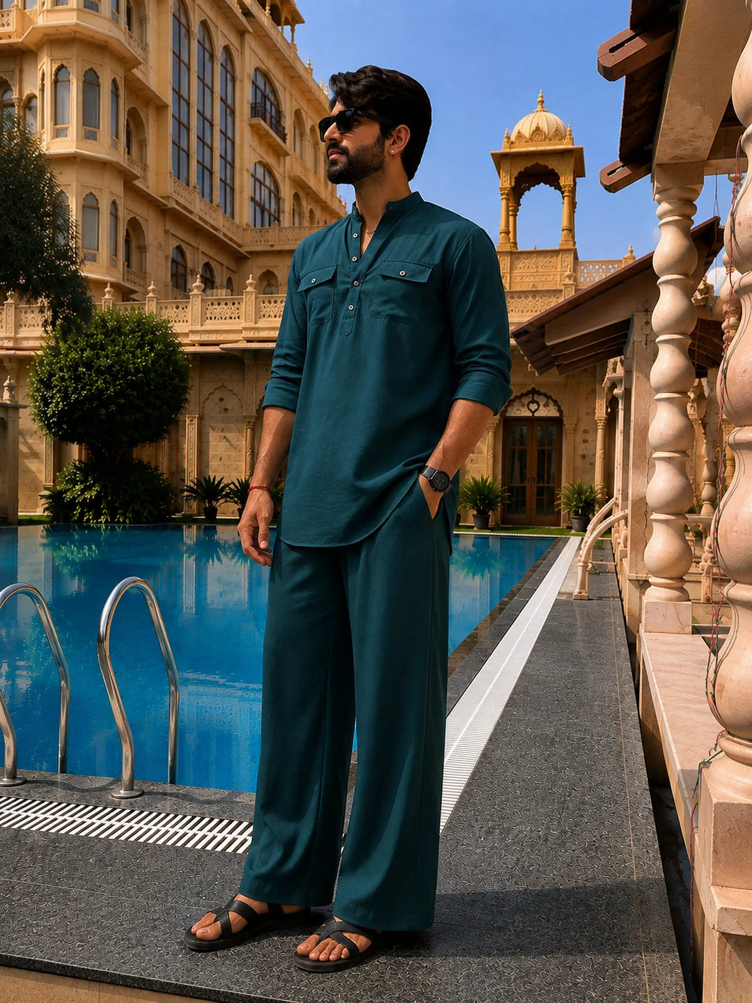 Men's Green Rayon Solid Pathani Set