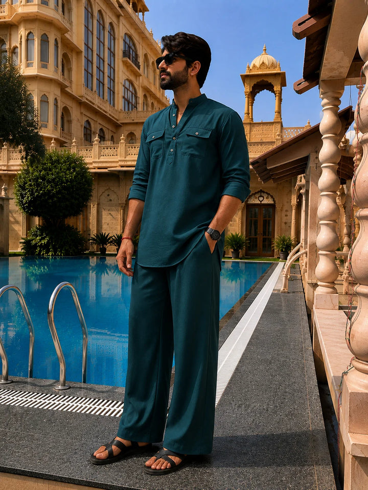 Men's Green Rayon Solid Pathani Set