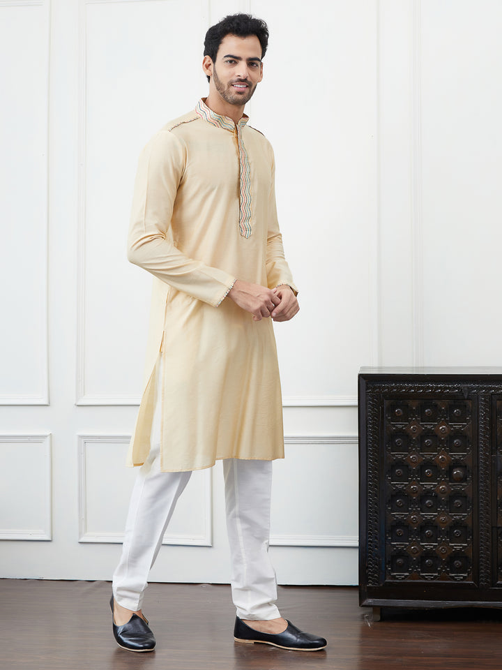 Solid Pure Cotton Straight Kurta with Embroidered Flacket
