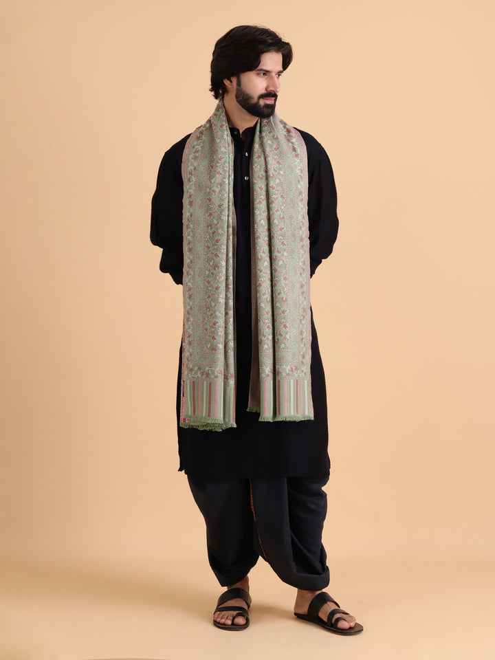 Tweedle Men’s Traditional Kani Shawl for Winters - Olive Green, Size - 40 x 80 inches