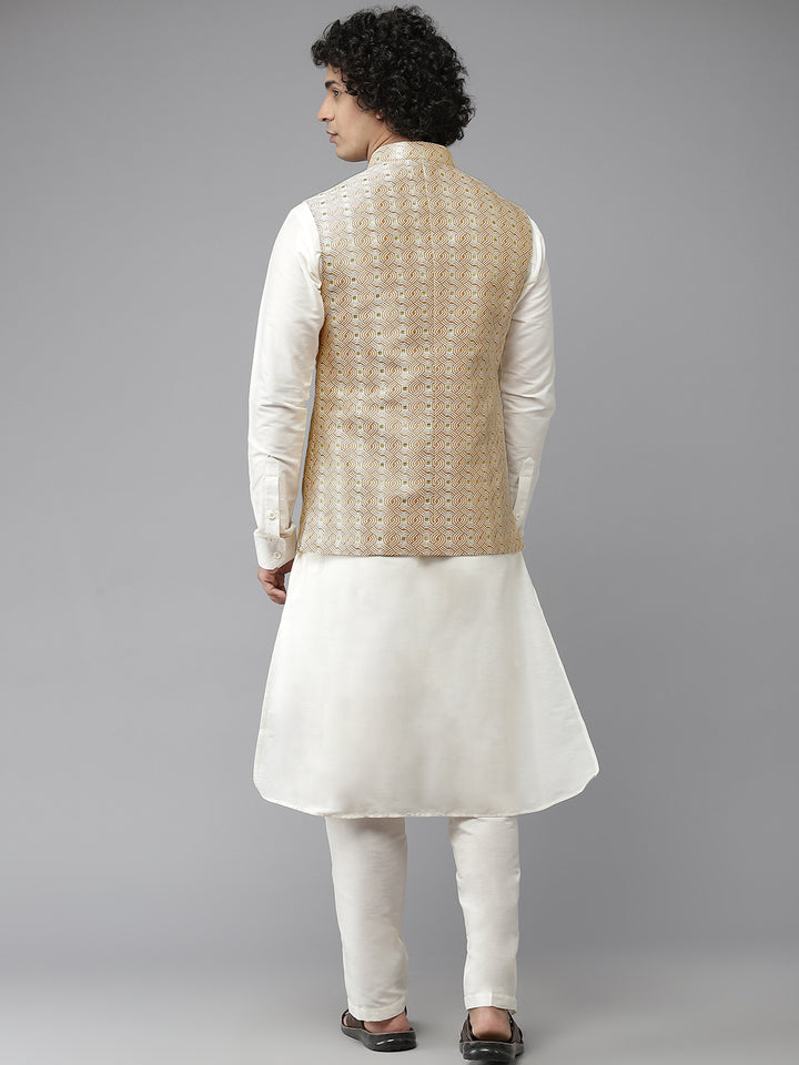 Men Gold & White Woven Jacquard Nehru jacket