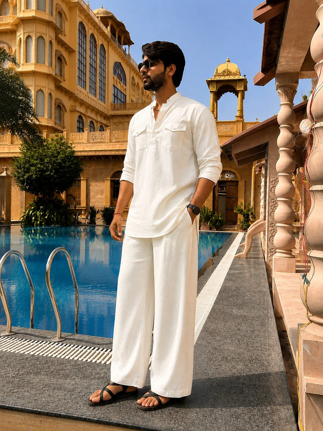 Men's White Rayon Solid Pathani Set