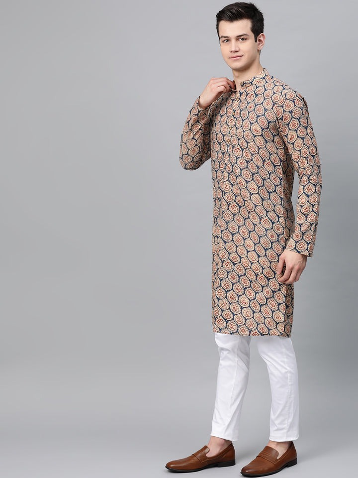 Blue & Maroon Printed Straight Kurta