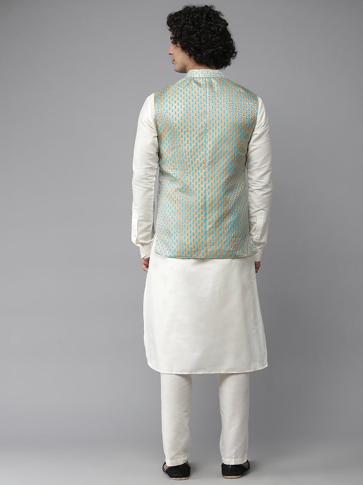 Men Sea Green & White Woven Jacquard Nehru jacket