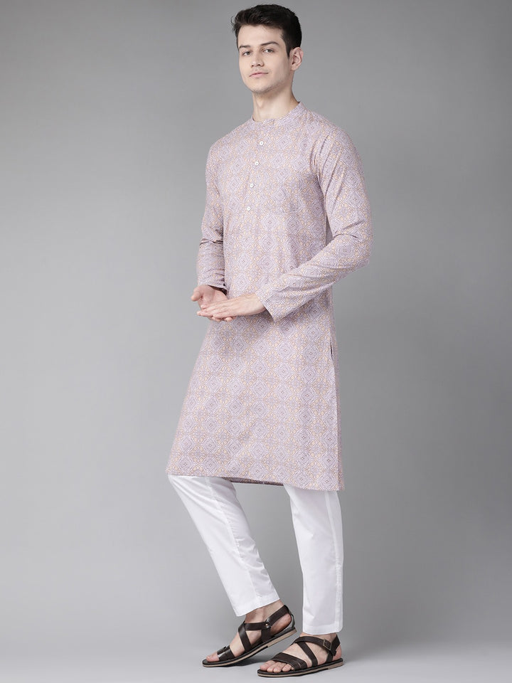 Men Peach And Gold Printed Straight Kurta