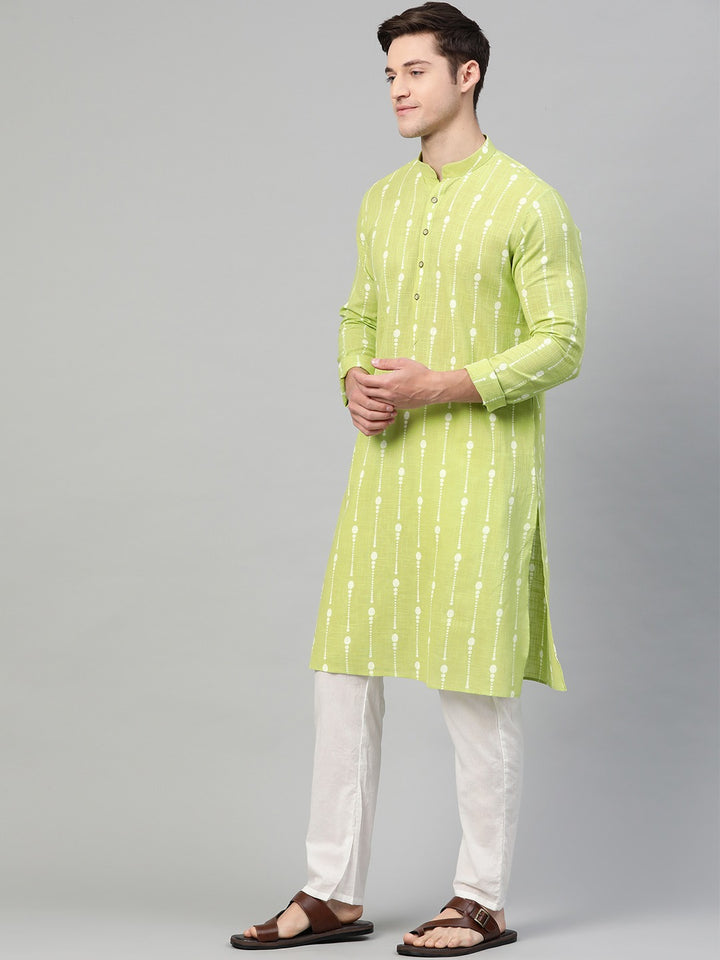 Lime Green And White Printed Straight Kurta With Pyjama