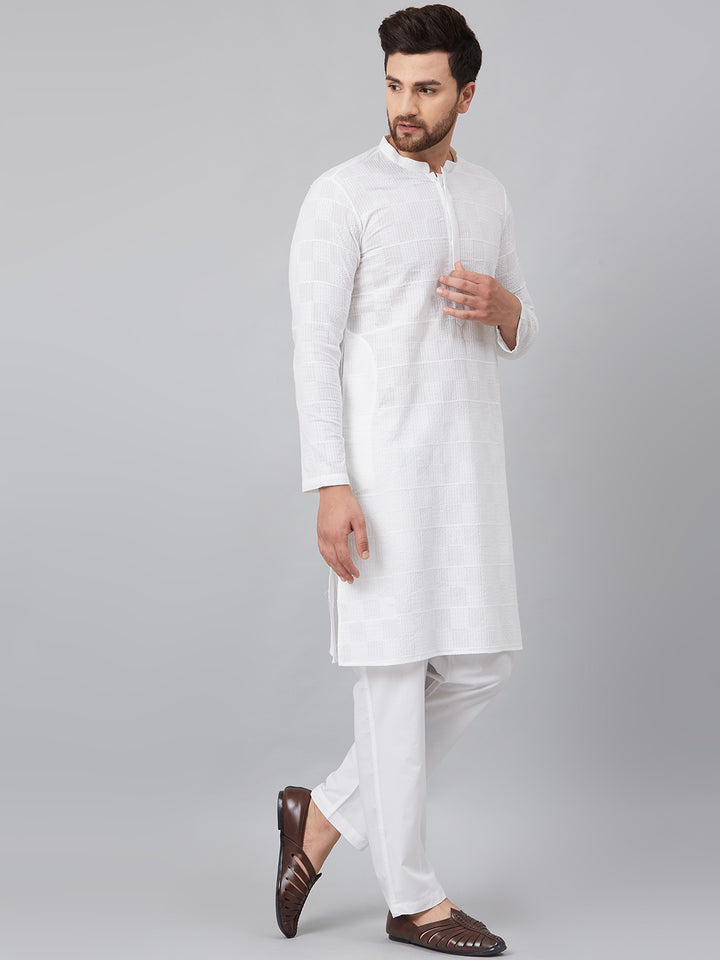 White Green Chikankari Embroidered Woven Design Straight Kurta With Pyjama
