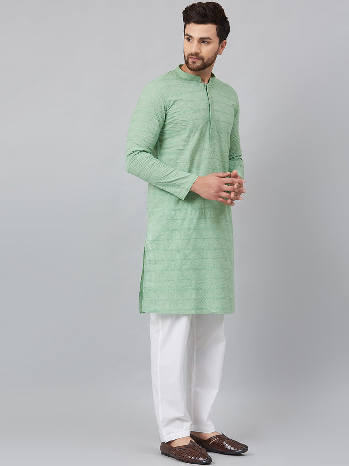 Men Green Chikankari Embroidered Woven Design Straight Kurta