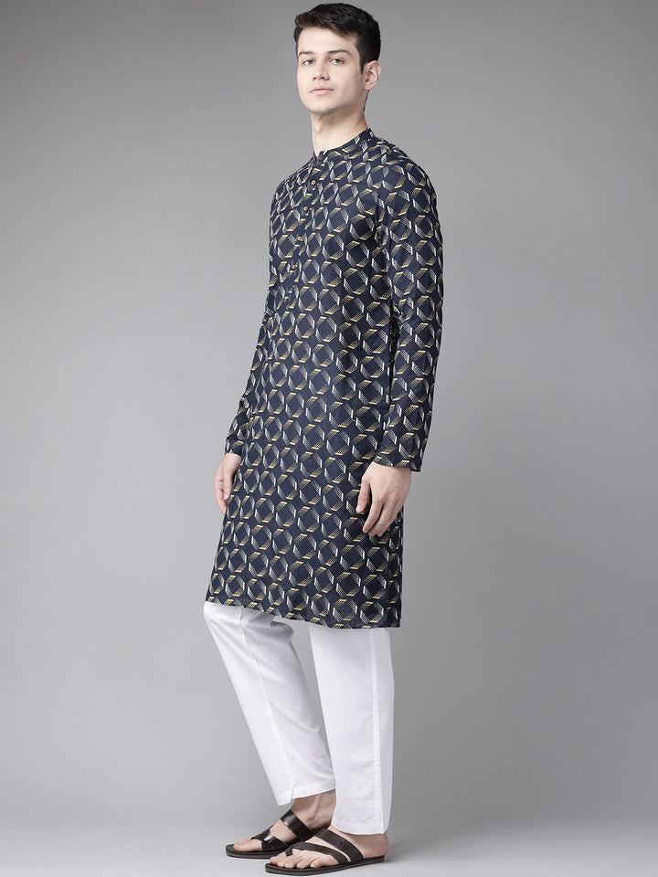 Men Navy Blue & Gold Printed Straight Kurta