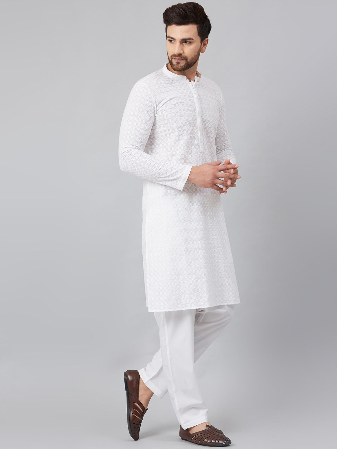 Men White Chikankari Embroidered Woven Design Straight Kurta