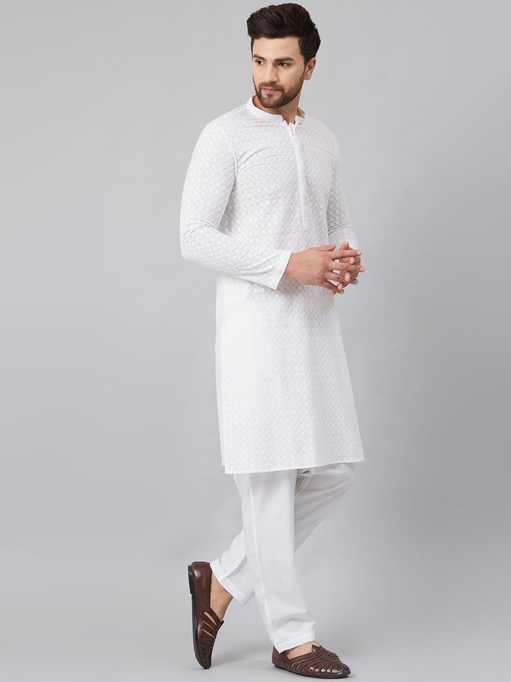 Men White Chikankari Embroidered Woven Design Straight Kurta