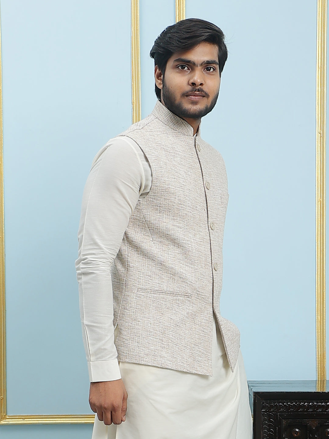 Pure Silk Straight Kurta & Pyjama Set with Handwoven Nehru Jacket