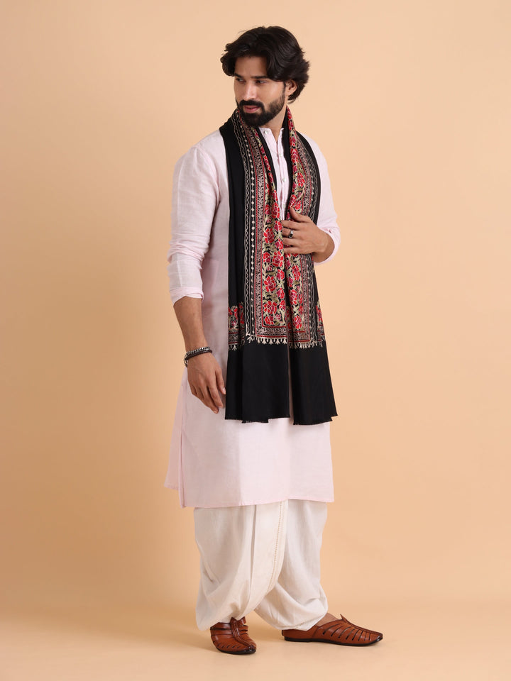 Tweedle Fine Wool Kashmiri Embroidery Stole / Scarf for Men, Black (Size-28x80)