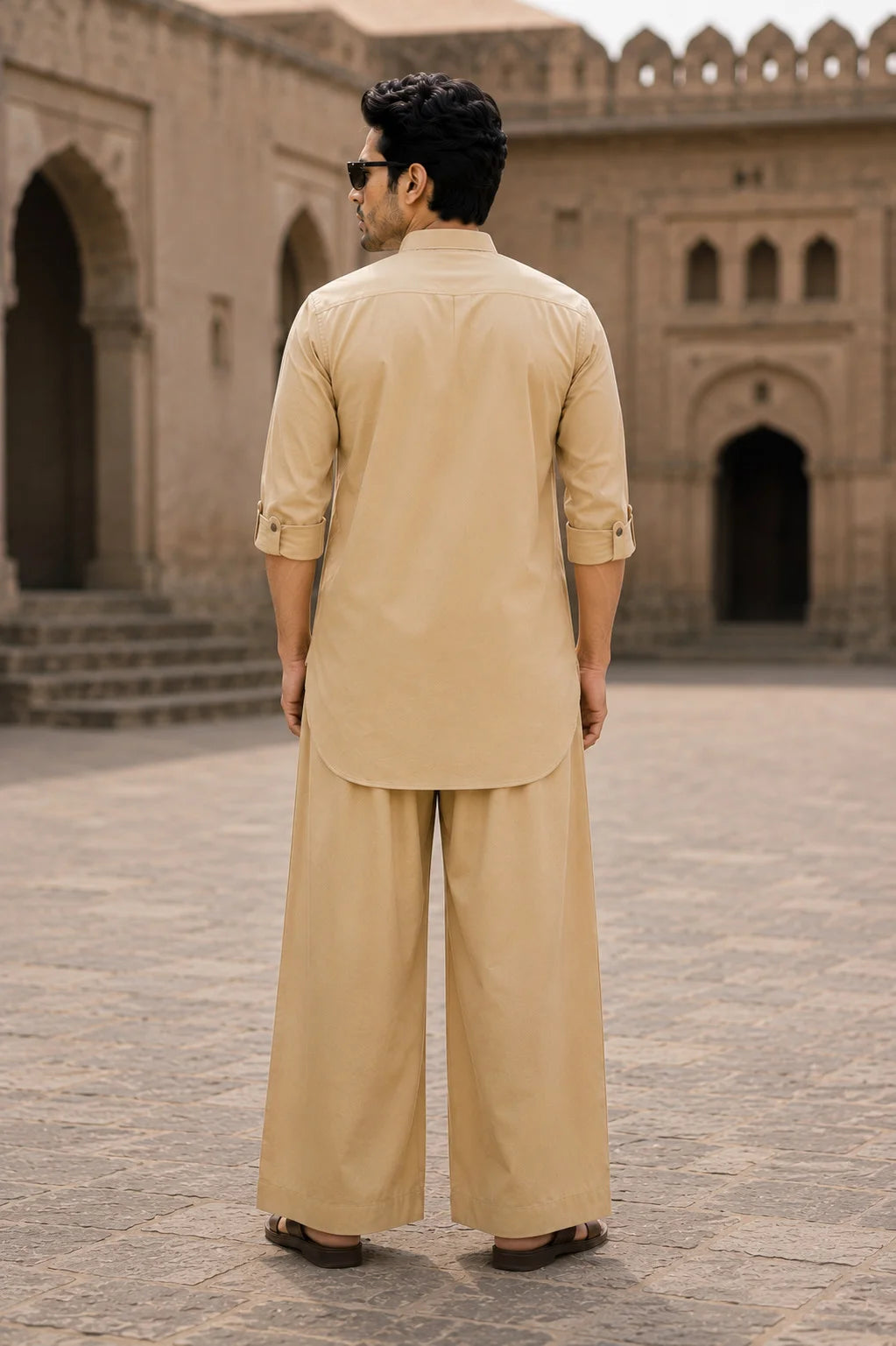 Men's Beige Rayon Solid Pathani Set