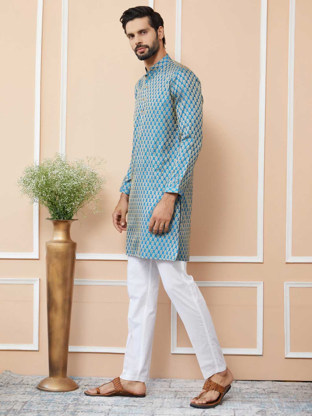 Blue-Beige Ethnic Motifs Silk Jacquard Woven Design Straight Kurta with Pyjama