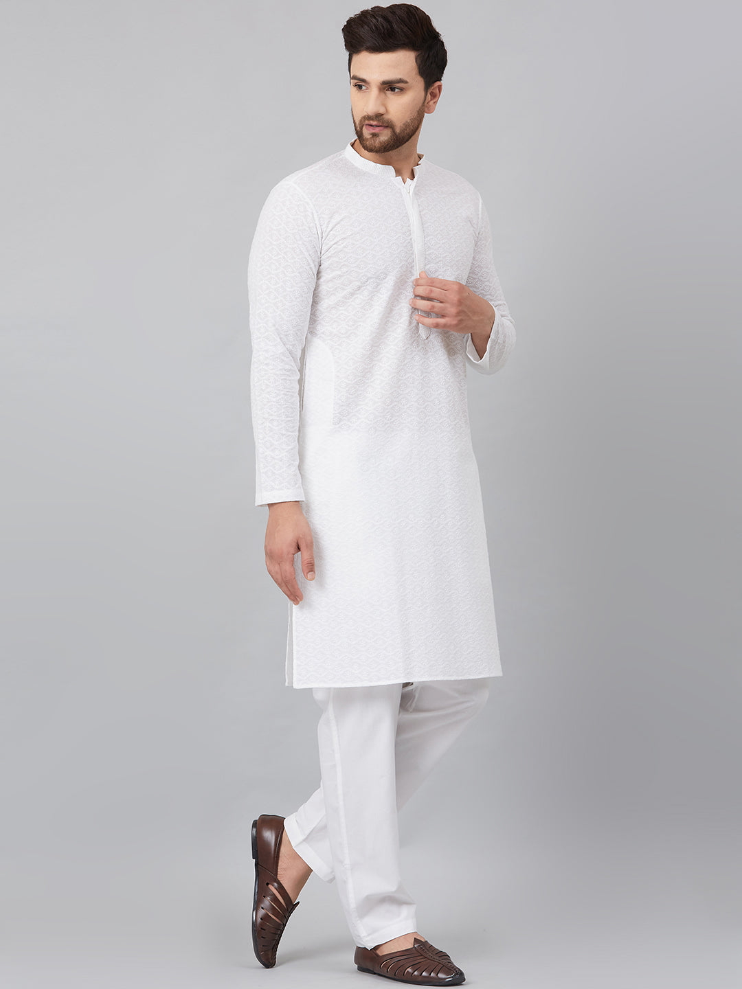 White Green Chikankari Embroidered Woven Design Straight Kurta With Pyjama