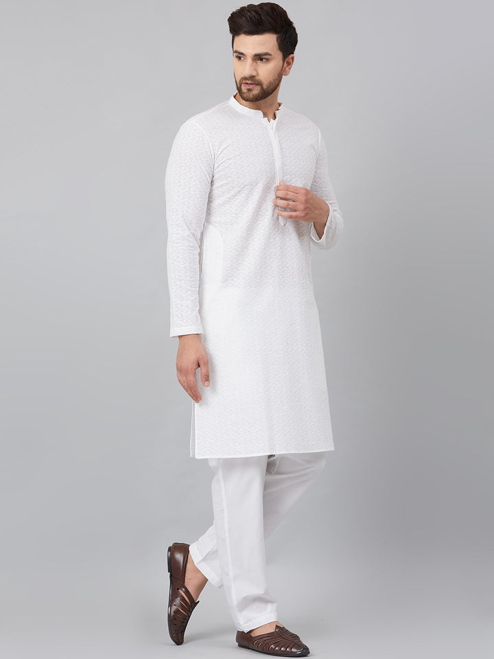 White Green Chikankari Embroidered Woven Design Straight Kurta With Pyjama