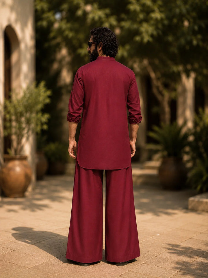 Men's Maroon Rayon Solid Pathani Set