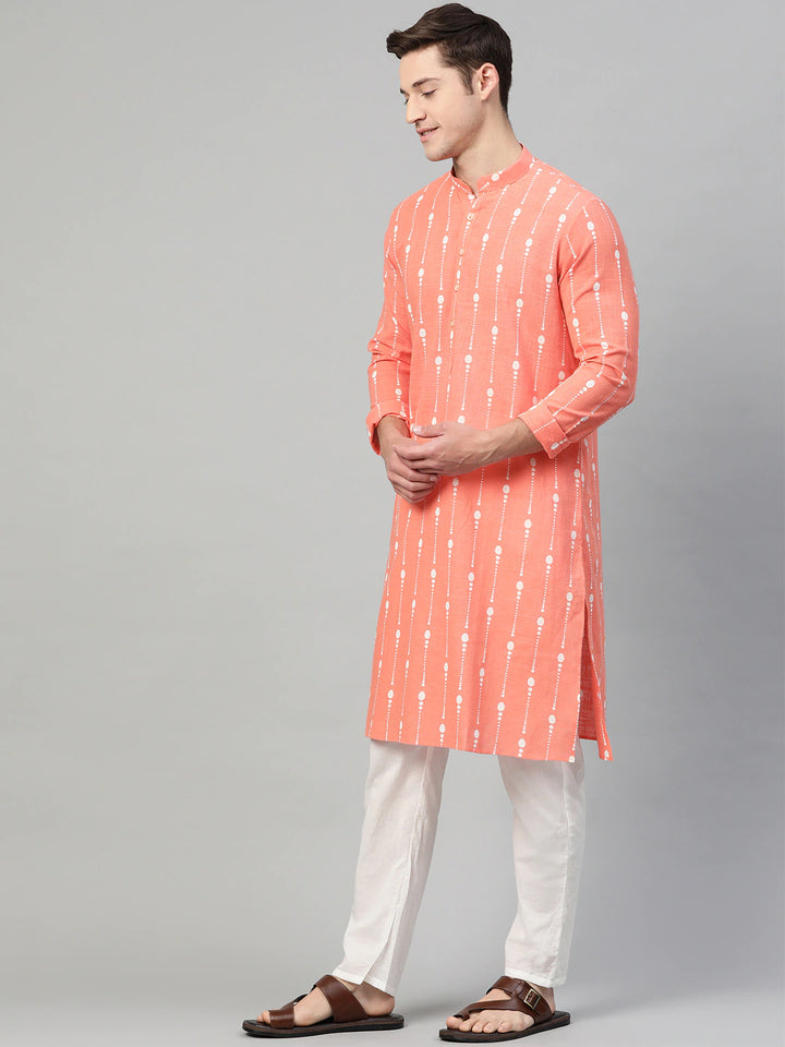 Men Peach & White Printed Straight Kurta