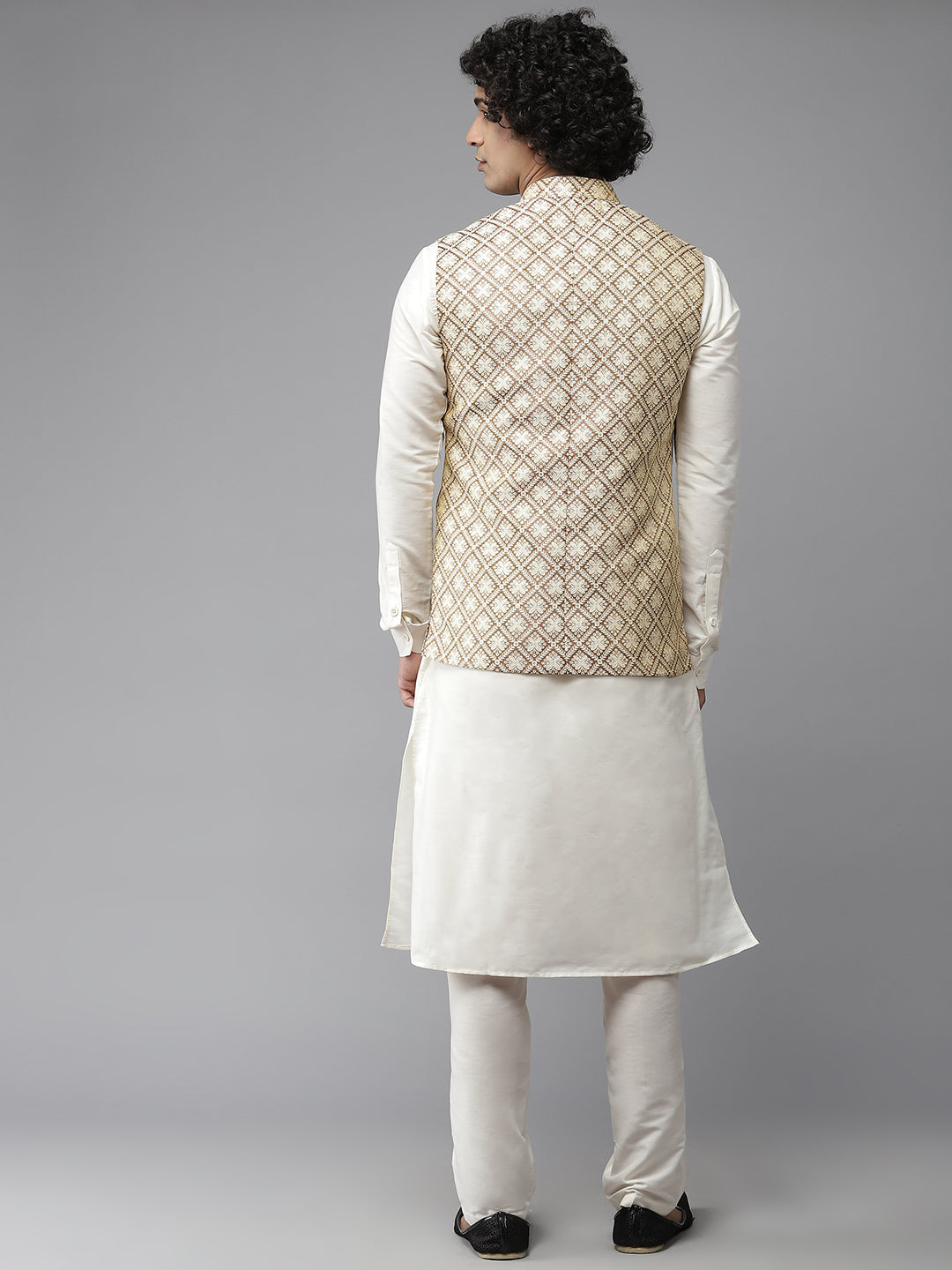 Men Gold & White Woven Jacquard Nehru jacket