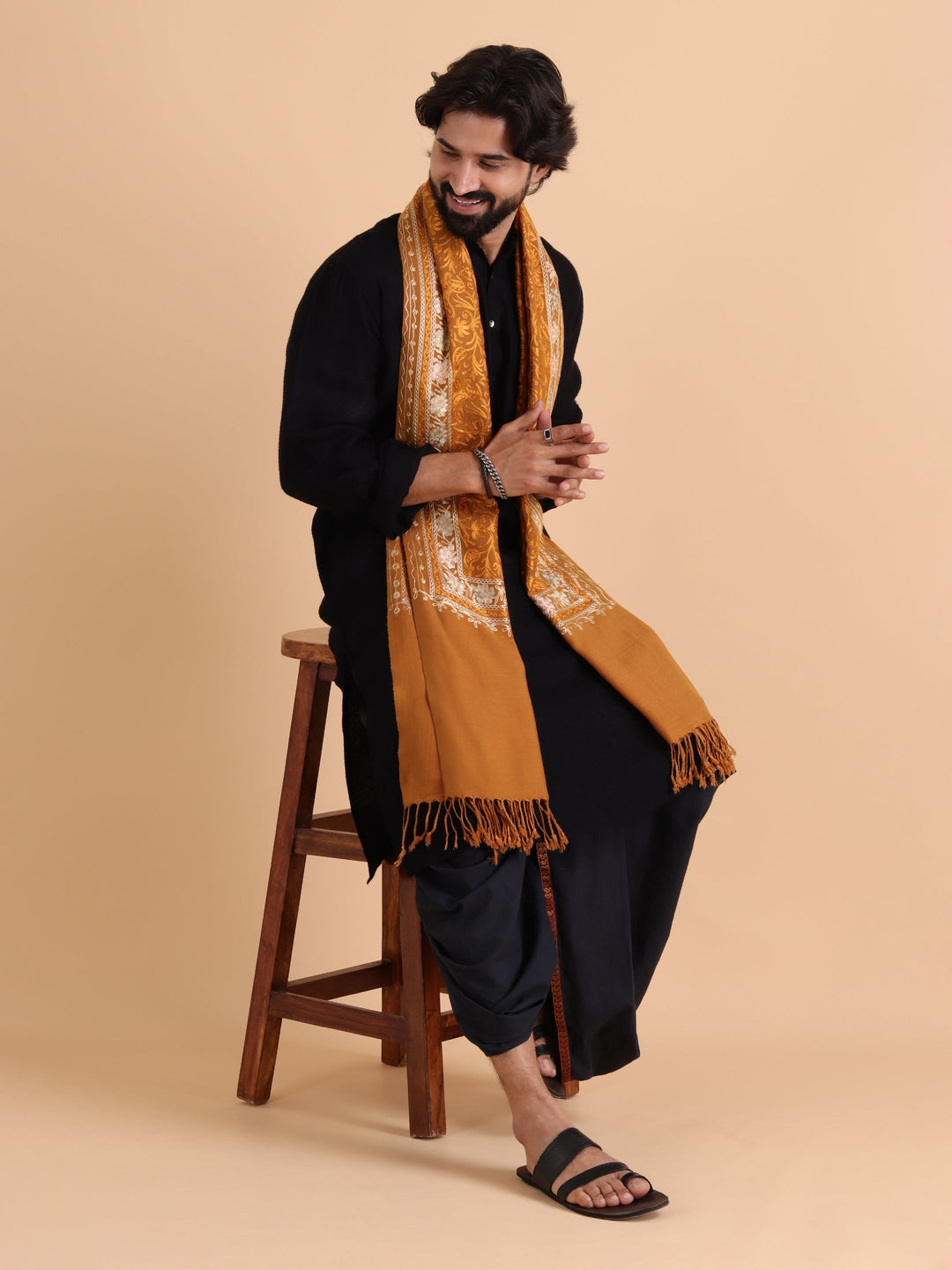 Tweedle Men's Acro Wool Kashmiri Embroidery Stole, Mustard, Size - 28 x 80 inches