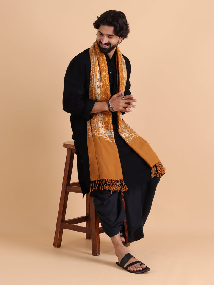 Tweedle Men's Acro Wool Kashmiri Embroidery Stole, Mustard, Size - 28 x 80 inches