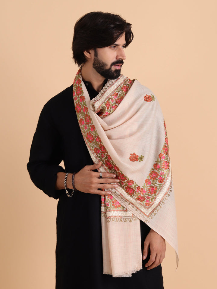 Tweedle Fine Wool Kashmiri Embroidery Stole / Scarf for Men, Off-White (Size-28x80)