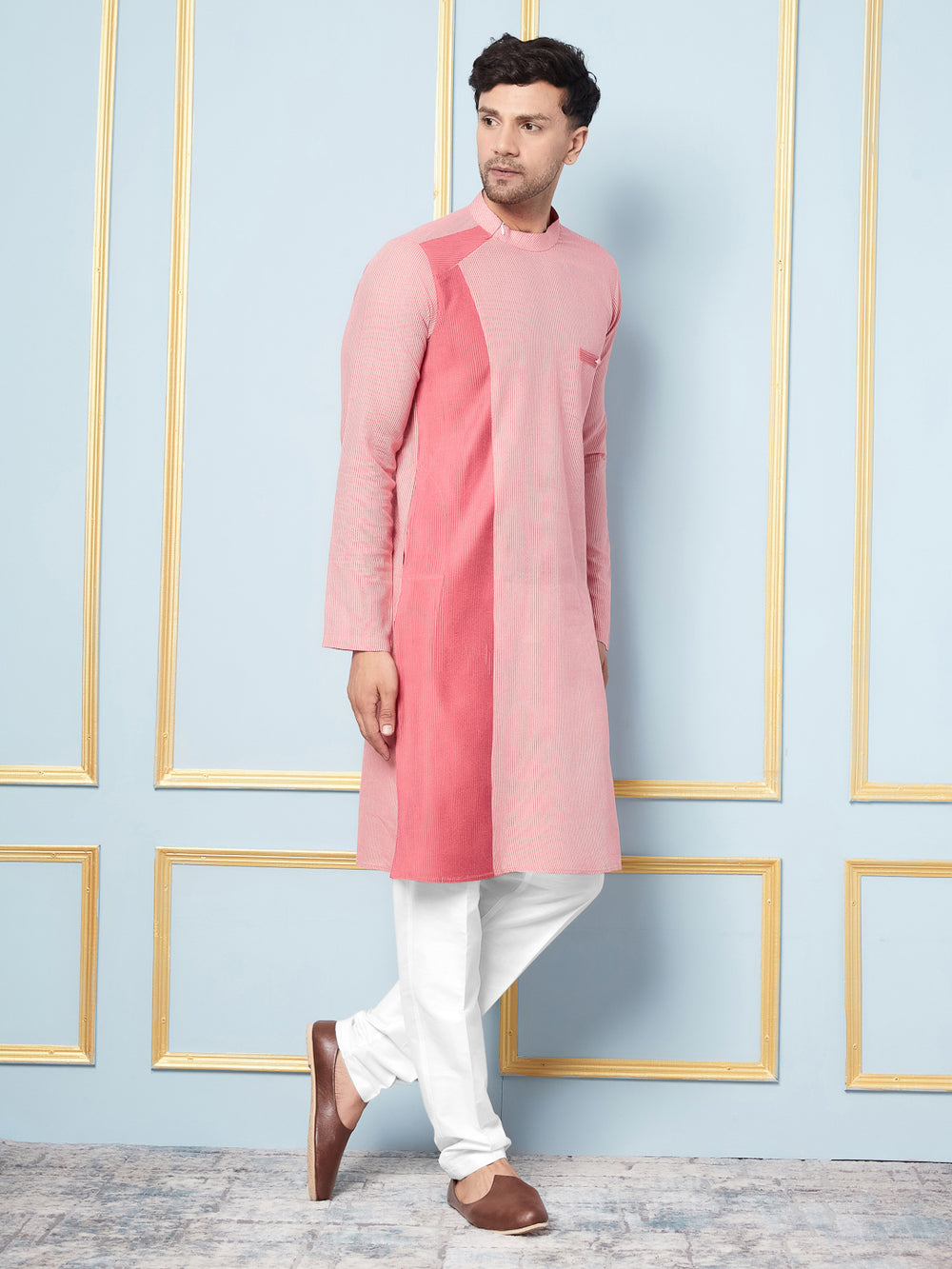 Woven Striped Straight Kurta With Pyjama – Pink