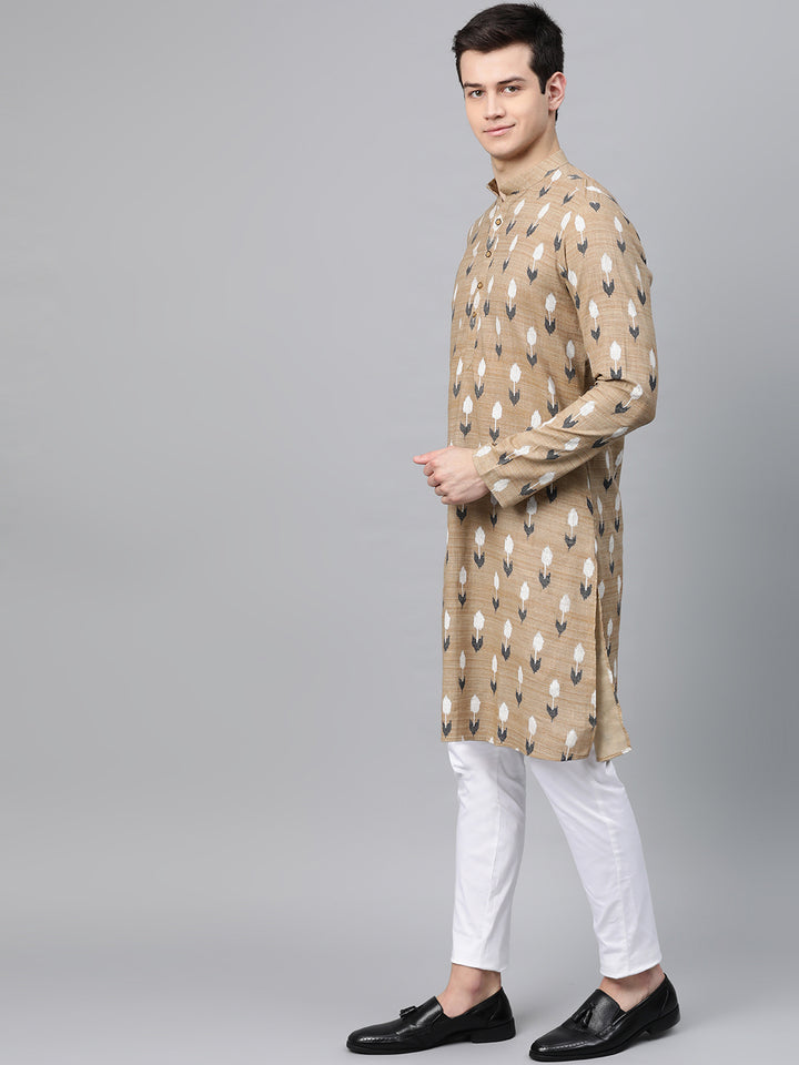 Beige Printed Straight Kurta With Pyjama
