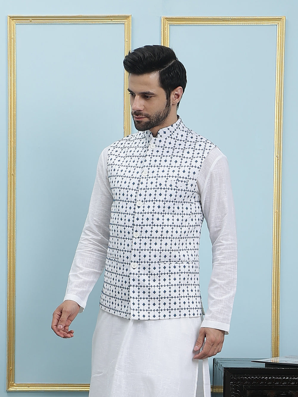 Pure Cotton Embroidered Nehru Jacket – White