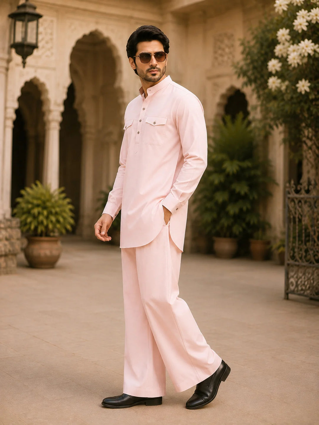 Men's Pink Rayon Solid Pathani Set